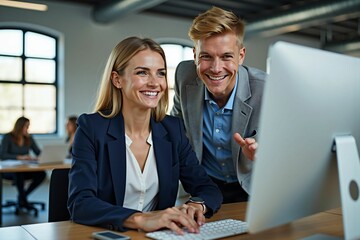 Smiling Business Professionals Collaborating on a Project at a Modern Office Workspace