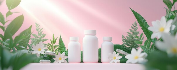 Herbal and alternative supplements in a zeninspired natural setting, 3D illustration