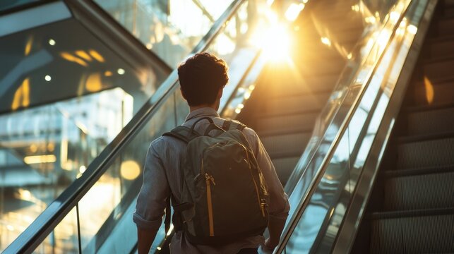 A person carrying a backpack ascends the stairs on a moving escalator
