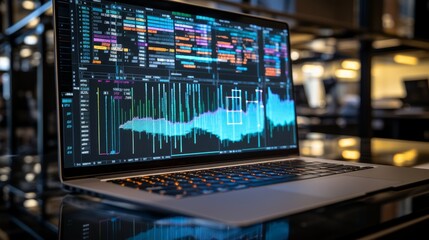 Naklejka premium Digital business data interface featuring graphs and charts against a blurred laptop background