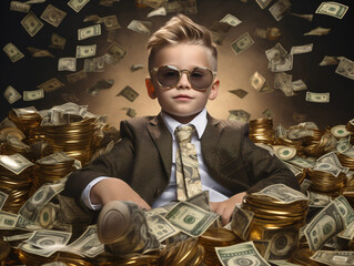 Happy smiling rich child boy millionaire with bundle of money dollars cash bills falling from the sky