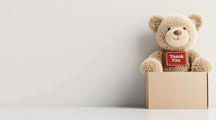 A cute teddy bear with a "Thank You" tag sits in a cardboard box against a neutral background, conveying warmth and gratitude.
