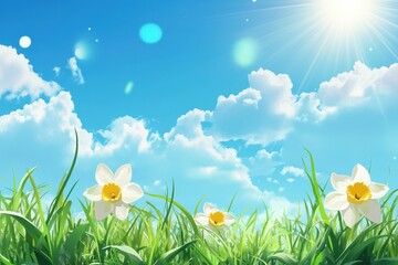 Vibrant spring background with daffodils adorning green grass under sunny skies.