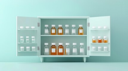 Homeopathy medicine cabinet with labeled vials, minimalistic interior, 3D illustration