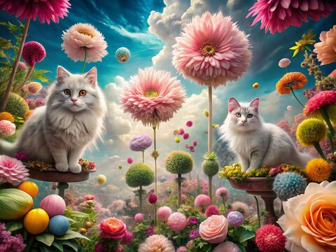 Surreal Dreamscape of Angoras: A Whimsical Scene Featuring Floating Cats, Enchanted Landscapes, and Ethereal Colors that Merge Reality with Fantasy in a Captivating Visual Experience
