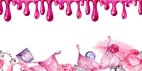Watercolor sex toys with pink dripping syrup seamless border. Hand drawn illustration for design