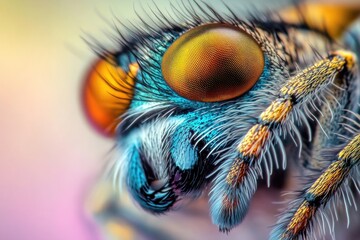 A detailed view of a colorful insect with blue and orange patterns
