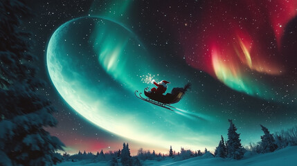 Naklejka premium Santa in a magical North Pole scene, standing by a giant ice sculpture of a Christmas tree, and a brilliant aurora borealis lighting up the sky, Generative AI