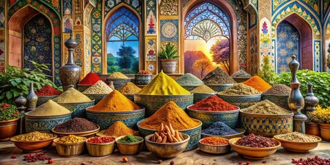 Naklejka premium Surreal Exploration of Iranian Spices: A Dreamlike Landscape of Colorful Seasonings and Cultural Heritage in a Whimsical Arrangement