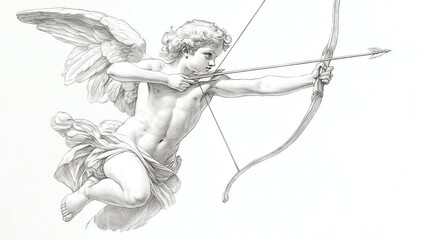 Cupid with Bow and Arrow engraving sketch PNG