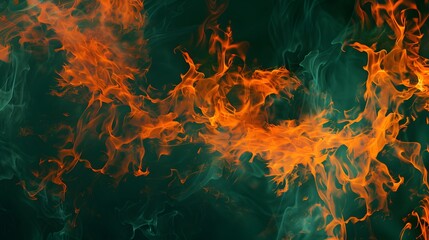 Abstract fire and smoke in orange and green colors on black background.