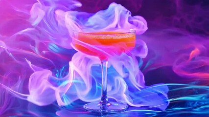 Colorful cocktail glass on a vibrant background with swirling neon smoke and bright colors at a trendy bar