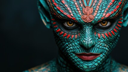 Obraz premium Mystical Teal Dragon Goddess Makeup Fantasy Face Paint Closeup Portrait
