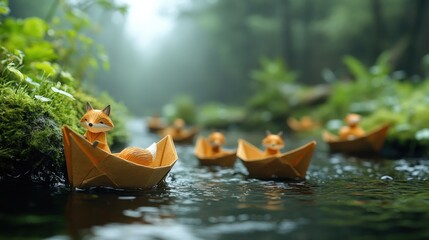 A whimsical scene of origami foxes sailing on a serene forest river.