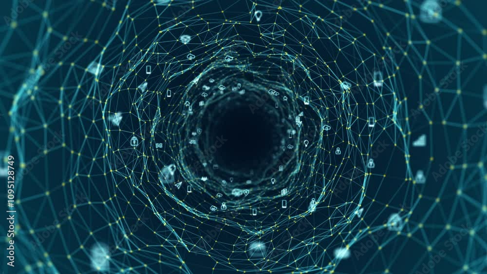 Wall mural motion graphic of blue icon and line mesh connection tunnel with polygonal technology abstract backg