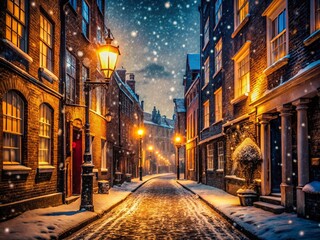 Fototapeta premium Surreal Low Angle View of an Old London Street at Night in Winter with Blurred Snowfall, Glowing Streetlights, and a Dreamlike Atmosphere