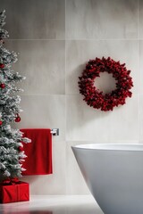 A white bath tub sits beside a Christmas tree, ready for holiday fun