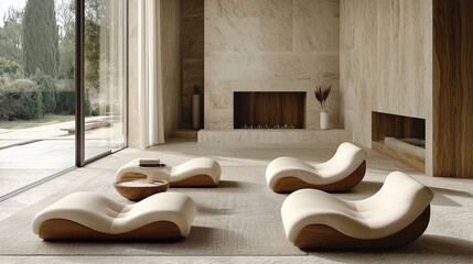 Scandinavian Minimalist Living Room Cozy Fireplace Neutral Tones Natural Textures