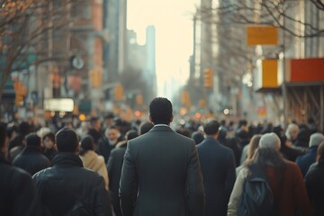 Obraz premium Lone Businessman Rush Hour Metropolitan Street Scene Depth of Field