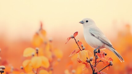 Serene White Bird on Autumn Branch Soft Colors Nature Photography