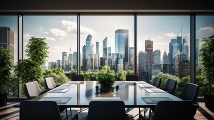 Bright modern meeting room with glass conference table, city views, and minimalist design elements