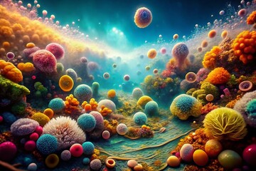 Obraz premium Surreal Representation of Bacillus Subtilis Gram Stain with Vivid Colors and Abstract Patterns Illustrating Microbial Life in an Enigmatic Underwater Landscape