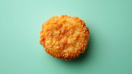 Crispy fried chicken nugget with a golden brown crust placed on a soft green background. The close-up showcases its crunchy texture and perfectly fried coating, highlighting its appetizing look.