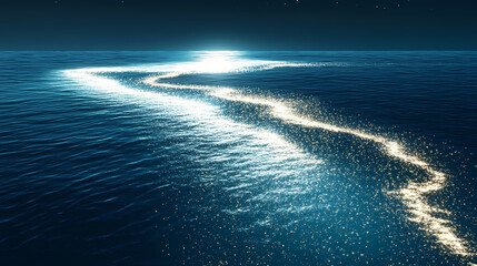 Fototapeta premium Craft an aerial perspective of a starlit ocean, shimmering with a captivating luminous glow showcase the waters reflective surface under a night sky. Midnight Starlit Ocean. Illustration