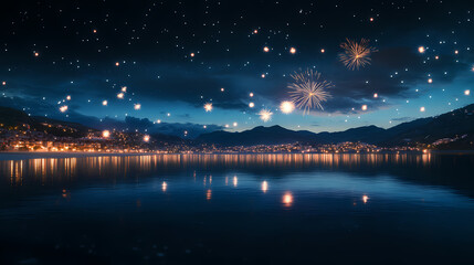 Fototapeta premium Colorful fireworks light up the night sky over a serene beach, reflecting beautifully in the water below, creating a festive scene. Midnight Starlit Ocean. Illustration