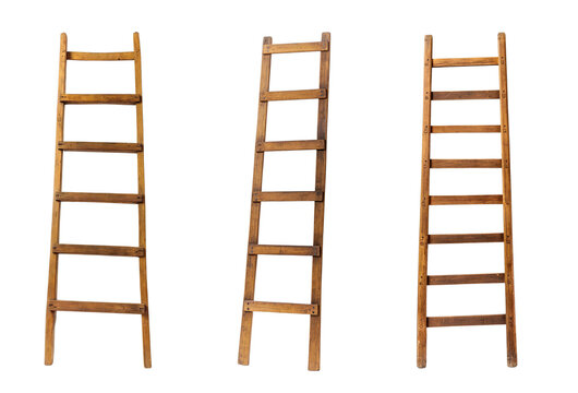 Long wooden ladder isolated on white or transparent background, cutout PNG