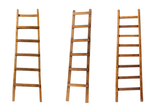 Long wooden ladder isolated on white or transparent background, cutout PNG