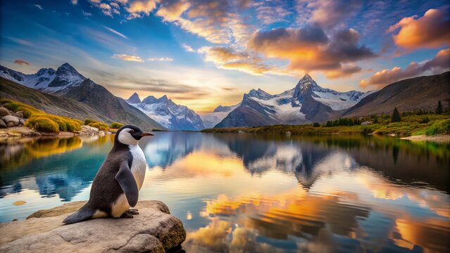 Surreal Scene of a Toy Linux Penguin by a Serene Mountain Lake Surrounded by Lush Greenery and Majestic Peaks, Invoking a Whimsical and Dreamlike Atmosphere in Nature