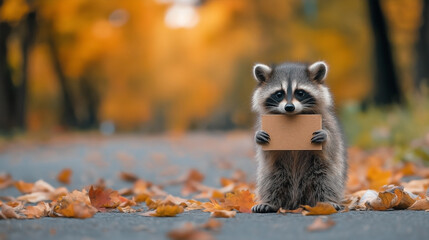 Fototapeta premium A cute raccoon standing upright beside a road, holding a small blank road sign in its tiny paws, with golden autumn leaves scattered around the scene