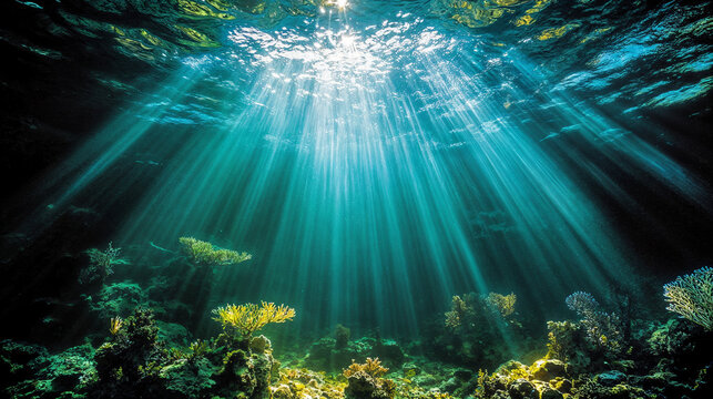 Underwater brilliance: Cool desktop wallpaper background featuring aqua depths, light beams, and scattered bioluminescent points