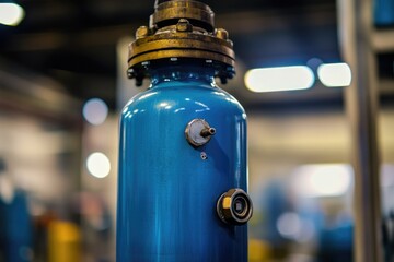 A blue fire hydrant located indoors, possibly in an office or commercial space