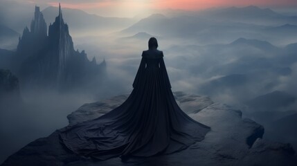 Superwoman in dark coat standing on rock, showcasing victory against a stunning sky backdrop