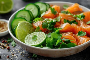 Fresh salmon, cucumber, and lime slices arranged in a bowl for a healthy snack or meal prep
