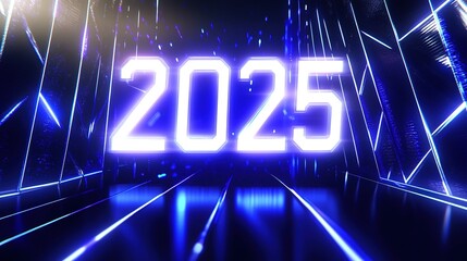 Futuristic digital background with "2025" in neon blue and white, featuring holographic elements and glowing grids.