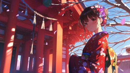 Fototapeta premium 神社で初詣のお参りをするアニメ調の日本人美少女