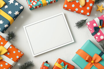 Obraz premium cartoon style, featuring a blank white postcard with a thin frame at the center, surrounded by cheerful Christmas presents. The gifts are wrapped in vibrant colors with playful patterns like polka dot