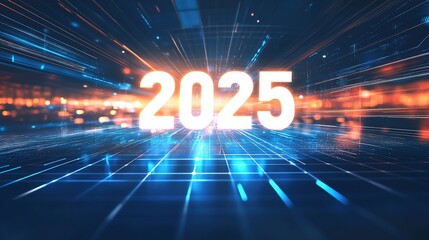 Futuristic digital background with "2025" in neon blue and white, featuring holographic elements and glowing grids.