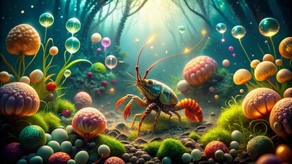 Surreal Underwater World Featuring Yabbies in a Dreamlike Landscape with Floating Objects and Vibrant Colors
