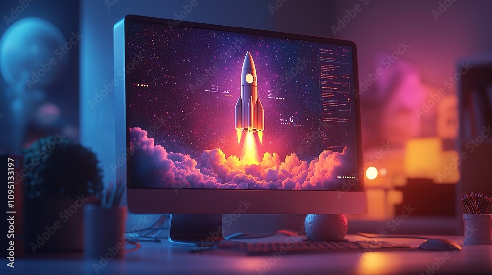 Fototapete a computer displaying a rocket launching into space amidst vibrant colors and clouds.