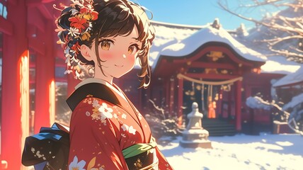 Fototapeta premium 神社で初詣のお参りをするアニメ調の日本人美少女