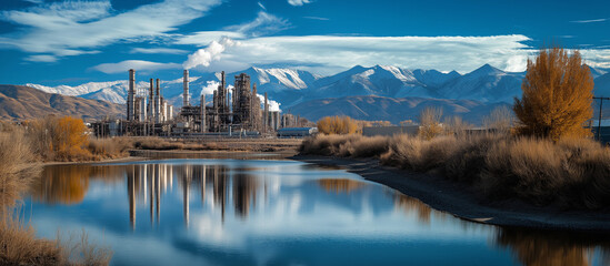 A stark contrast between the pristine beauty of nature and the industrial pollution of a factory. A powerful image for environmental awareness campaigns.