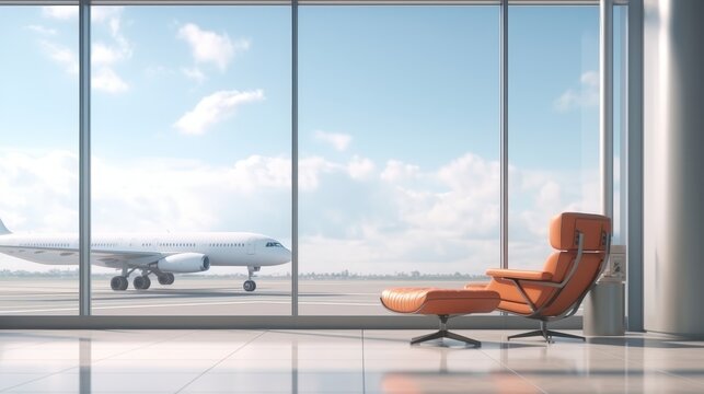 Fototapeta Modern airport interior with seats and airplane view through panoramic window over cityscape
