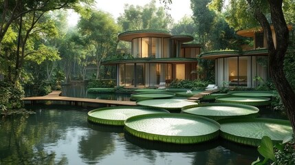 Fototapeta premium A serene eco-friendly retreat with modern architecture surrounded by lush greenery and water lilies.