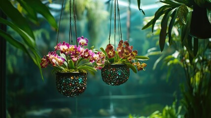 Vibrant Hanging Orchids in Decorative Planters Surrounded by Lush Greenery in a Serene Botanical Environment