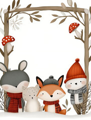 Fototapeta premium a winter white poster, rough texture with tiny woodland animals rabbits, foxes, owls peeking from the sides wearing scarves and hats. Snow-covered branches and mushrooms grow around the frame