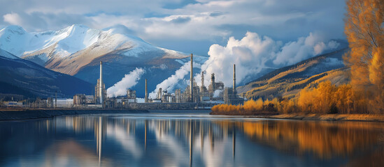 A stark contrast between the pristine beauty of nature and the industrial pollution of a factory. A powerful image for environmental awareness campaigns.